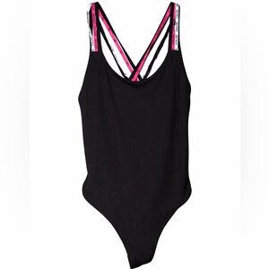 Victoria's Secret Black Ribbed Bodysuit with Pink Logo Straps